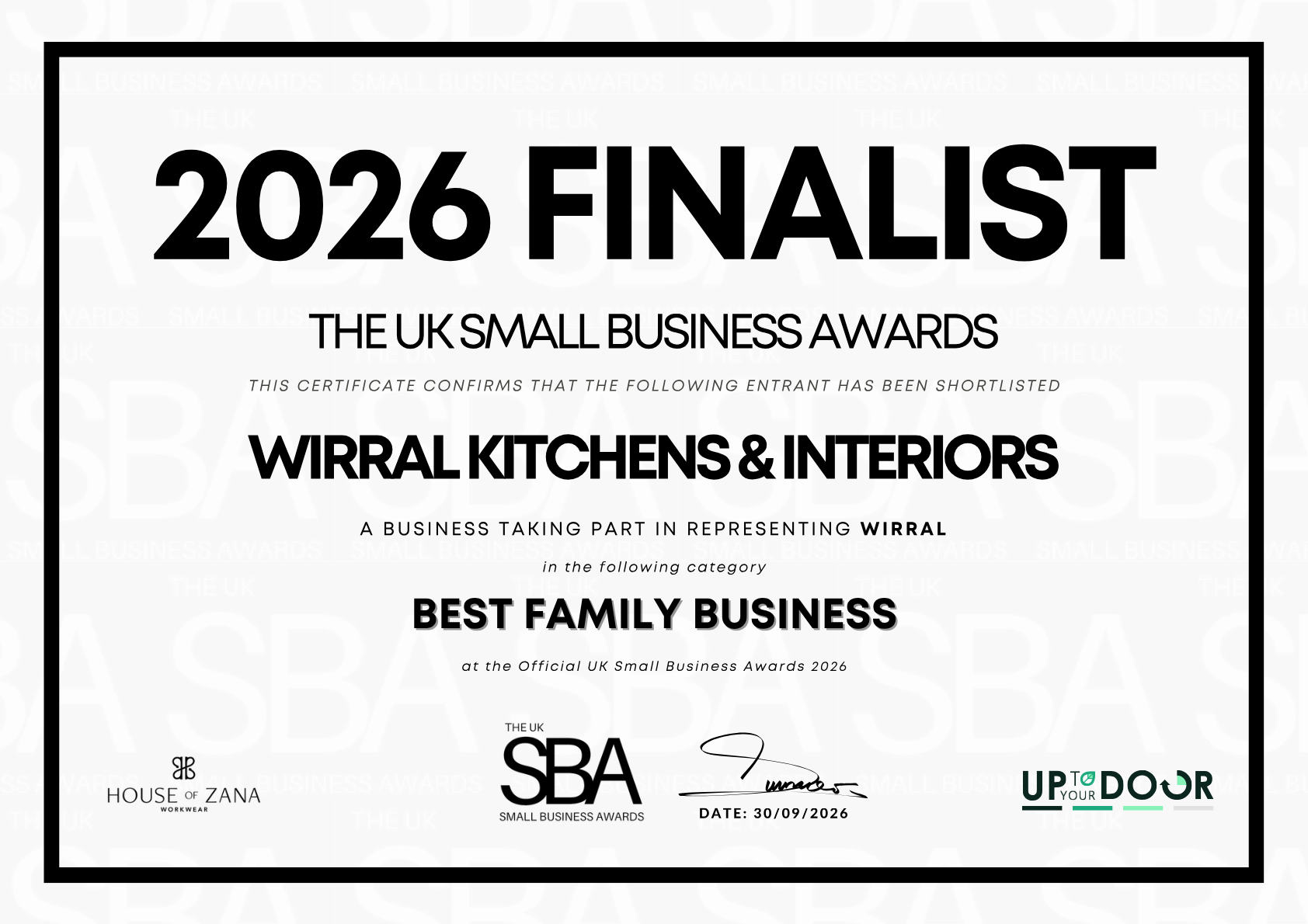 The Official UK Small Business Awards 2026 finalist certificate for Wirral Kitchens & Interiors, Best Family Business.
